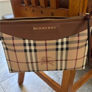 Burberry Beige Tan Check Crossbody Pouch with Brown Trim